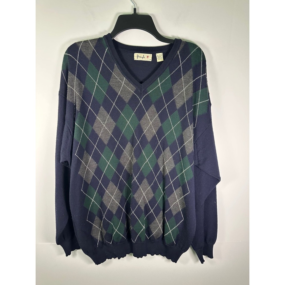 Pringle Sweater Mens XL V-Neck Argyle 100% Merino Wool Made in Italy Navy Knit